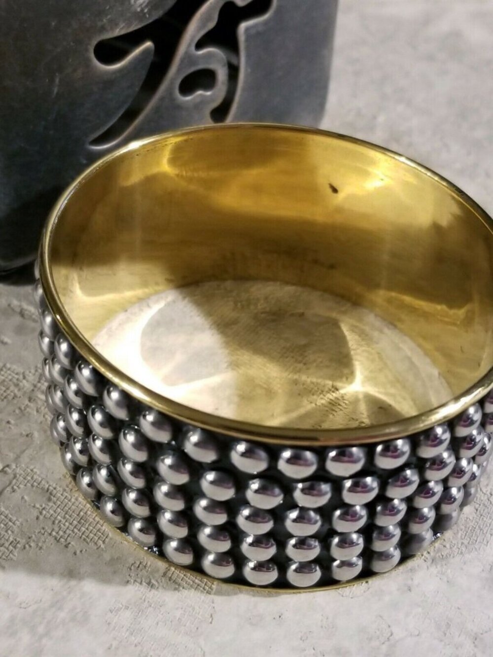 India Brass Bangle Bracelet Mid Century Style Silver Black Geometric Dot Accents